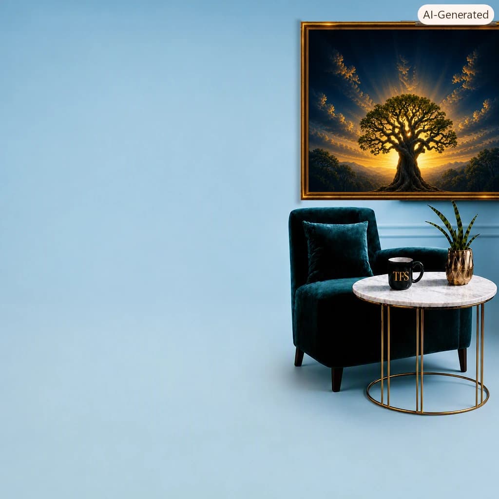 A calm sitting area with a velvet armchair, marble side table, and a Tenant Financial Solutions mug